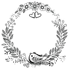 a round frame drawn by hand with a contour lines with plants birds Rowan berries and hearts. Even white vector illustration isolated on a white background.