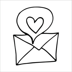 Envelope letter love,  romance concept with hearts.  Single element sign symbol logo emblem hand drawn contour isolated vector Doodle holiday wedding Valentine