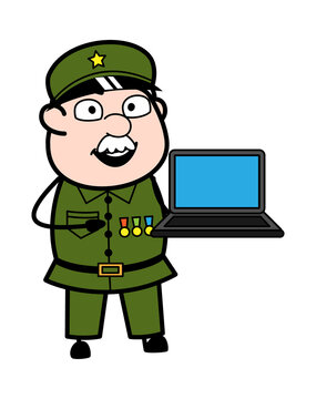 recommend clip art: Cartoon Military Man presentation on Laptop