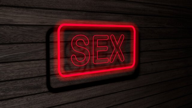 Sex red color neon fluorescent tubes signs on wooden wall. 3D render, illustration, poster, banner. Inscription, concept on gray wooden wall background.