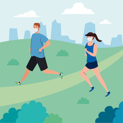 couple running wearing medical mask outdoor, prevention coronavirus covid 19