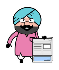 Cartoon Cute Sardar holding a newspaper