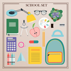 A set of vector office supplies, school and office attributes. Flat design of insulated pencils, pens, rulers, backpack, globe, paints, palettes, brushes, books, notebooks, compasses, telescope