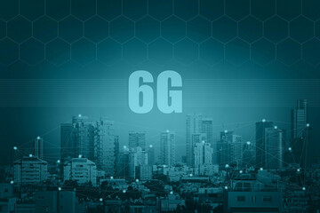 6G technology. Conceptual abstraction. Modern city and communication 6g network, smart city. Blue tone city scape and network connection concept.