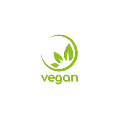 Vegan, veggie product label. Green leaves veggie icon. Healthy, eco, organic, vegetal, raw food logo.