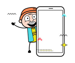 Cartoon Grandpa with empty cell phone screen