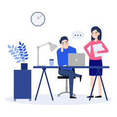 Business people working. People talking and working on laptop in office. Flat design characters. Vector illustration.