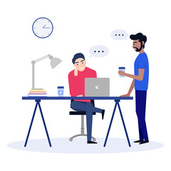 Business people working. People talking and working on laptop in office. Flat design characters. Vector illustration.