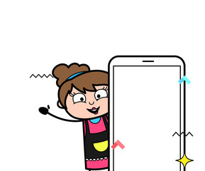 Cartoon Beautician with empty cell phone screen