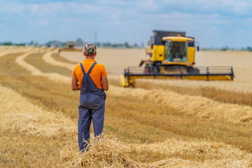 Farmer is looking at working combine harvester View from back.