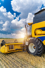 Agriculture machine harvesting crop in fields, Special technic in action. agricultural technic in...