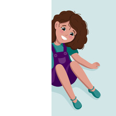 A cheerful girl sits and looks out from behind a white wall.