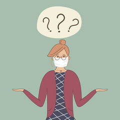 A cute girl in blue dress shrugs with naive curious funny face and arms apart. Three question marks above her head.The concept of woman in search of an answer to a complex question.Raster.Hand drawn