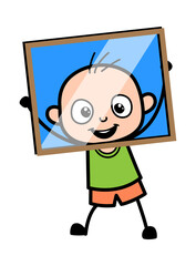 Cartoon Bald Boy looking from glass frame