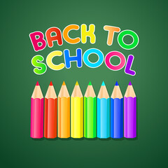 Back to school text in blackboard with color pencils. Vector.