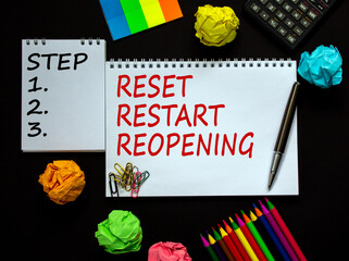 White notes with inscription 'reset, restart, reopening' and 'step 1, 2, 3' on beautiful black...