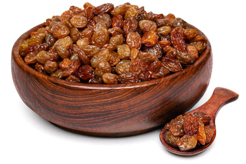 Dark seedless raisins in wooden bowl