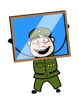 Cartoon Military Man looking from glass frame