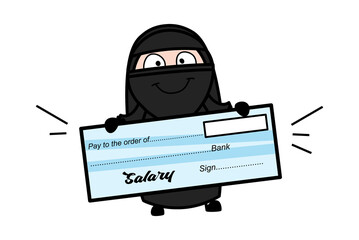 Cartoon Muslim Woman holding paycheck