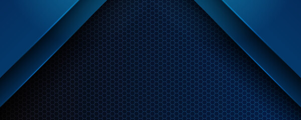 Trendy composition of blue technical shapes on black background. Dark metallic perforated texture design. Technology illustration. Vector header banner - obrazy, fototapety, plakaty