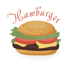 Street food. Hamburger with beef cutlet, slices of cheese, salad and tomatoes. illustration for menu and packaging design
