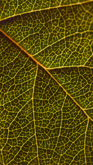 Naklejka na ściany i meble Dark natural vertical wallpaper for a mobile phone. Leaf of a fruit shrub close-up. Mosaic pattern of a net of yellow veins and green plant cells. Macro
