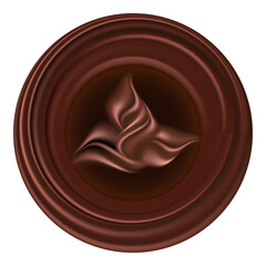 Chocolate flower emblem. Brown chocolate swirls, smooth l flowing texture. Logo or icon, round shape, dark brown color. Vector illustration