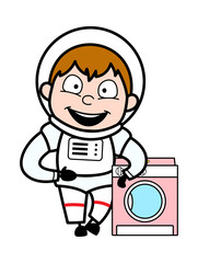 Cartoon Astronaut standing with washing machine