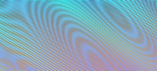 Horizontal abstract rainbow colored texture with soft blending and gradient of lines and striped rounded shapes. Line art. Holographic and moire effect of optical illusion for vector background saver.