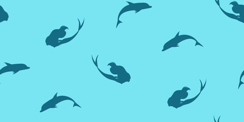 Fototapeta premium Swimming mermaids and dolphins seamless pattern. Vector cartoon undersea kids illustration, endless background with silhouettes of underwater creatures