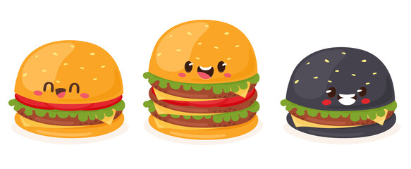 Burger Set, Classic, Hamburger, Black Hamburger and XXXL Layered Burger. Vector illustration in flat cartoon style.