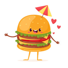 Cheerful multilayer XXXL burger with umbrella. Vector illustration in flat cartoon style.