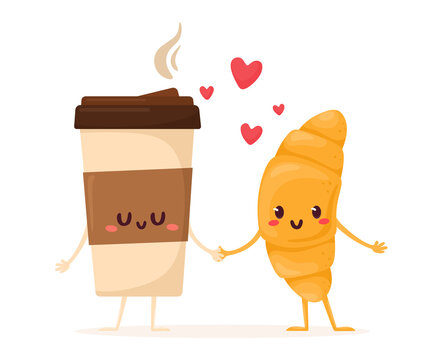 Cute and funny hot coffee and a croissant. Vector illustration in flat cartoon style.