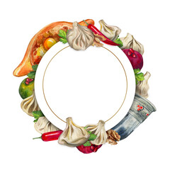 Watercolor Georgian cuisine card design isolated on white background. Hand drawn round frame with ajarian khachapuri, khinkali and parsley.