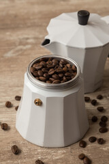 close up, coffee beans and cup