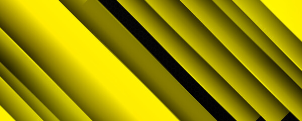 Modern 3D overlap layer yellow background for wide banner. Futuristic perforated technology abstract background with yellow neon glowing lines. Vector banner design