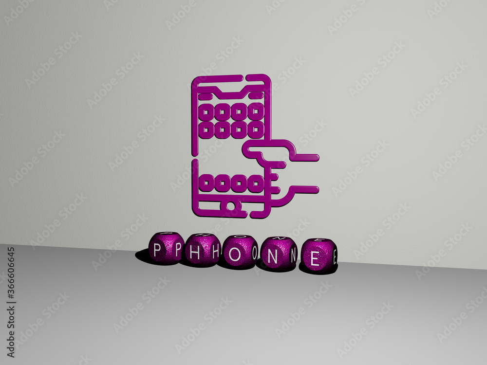 Poster 3d graphical image of phone vertically along with text built by metallic cubic letters from the top 