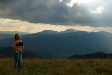 Naklejka na ściany i meble happy girl in the carpathian mountains
