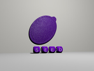 3D graphical image of SEED vertically along with text built by metallic cubic letters from the top perspective, excellent for the concept presentation and slideshows. background and illustration