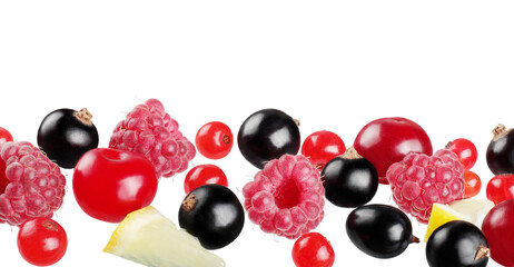 Naklejka na ściany i meble raspberries,black currants ,cherries isolated on white background