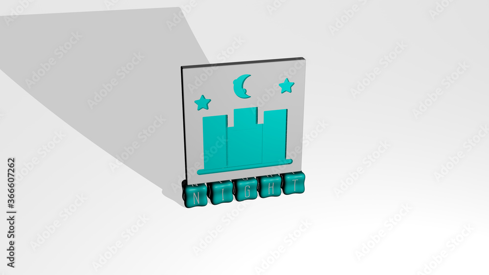 Poster 3d graphical image of night vertically along with text built by metallic cubic letters from the top 