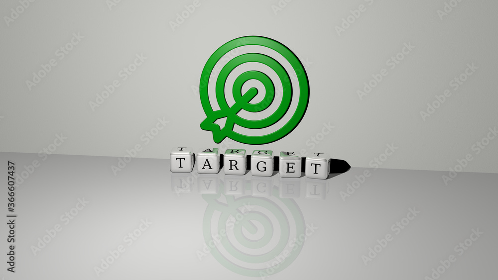 Poster 3d illustration of target graphics and text made by metallic dice letters for the related meanings o