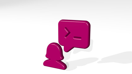 PROGRAMMING USER CHAT WOMAN from a perspective with the shadow. A thick sculpture made of metallic materials of 3D rendering. illustration and code