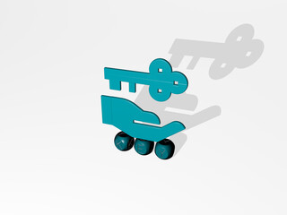 3D representation of KEY with icon on the wall and text arranged by metallic cubic letters on a mirror floor for concept meaning and slideshow presentation. background and illustration