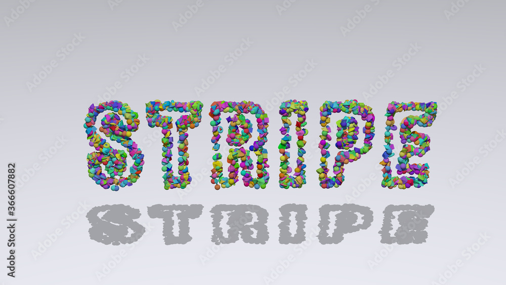 Poster colorful 3d writting of stripe text with small objects over a white background and matching shadow. 