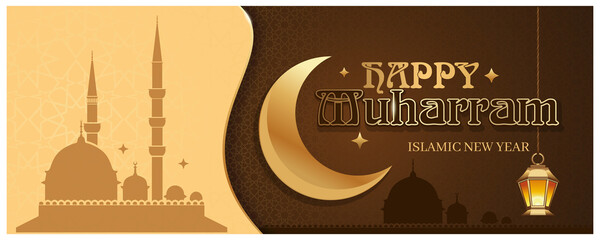 Islamic new year horizontal banner. Happy Muharram. Vector illustration