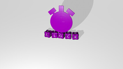 3D representation of clock with icon on the wall and text arranged by metallic cubic letters on a mirror floor for concept meaning and slideshow presentation. illustration and background