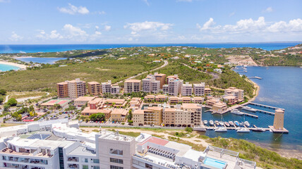 Aerial view of Porto Cupecoy/Lowlands in the Caribbean island of St.Maarten - obrazy, fototapety, plakaty