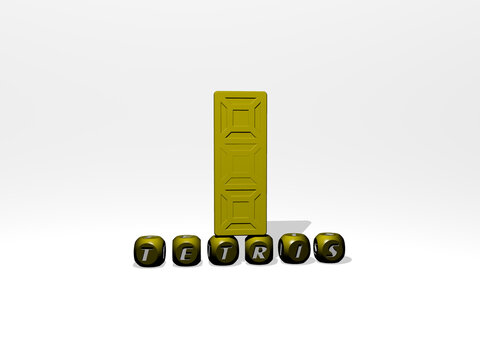 3D Illustration Of Tetris Graphics And Text Made By Metallic Dice Letters For The Related Meanings Of The Concept And Presentations. Background And Pattern