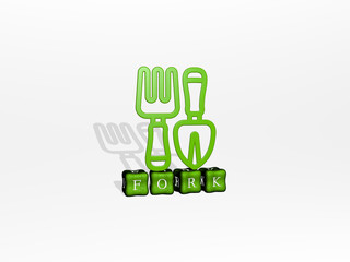 3D illustration of fork graphics and text made by metallic dice letters for the related meanings of the concept and presentations. background and food